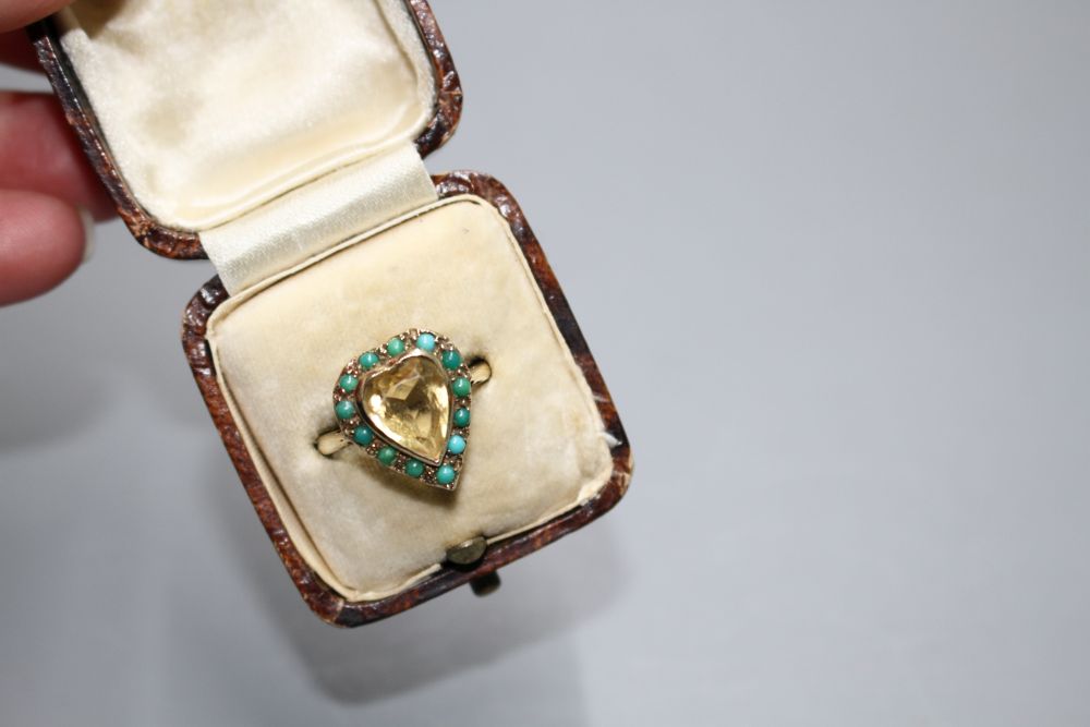 A 1960s 9ct gold, heart shaped citrine and turquoise bead set heart shaped dress ring,